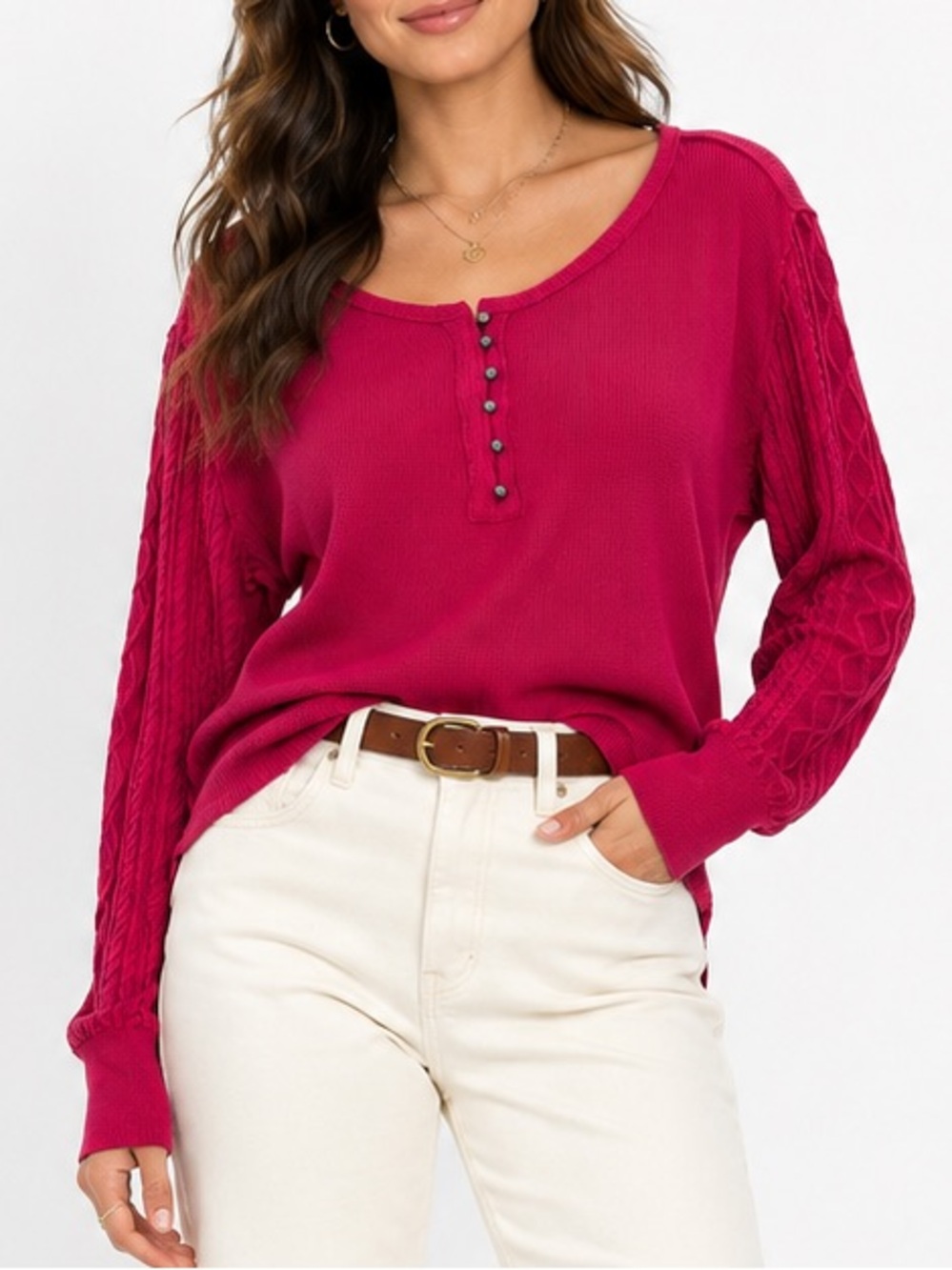 NWT Lucky Brand 100% Cotton Red Cable Sleeve Waffle Knit Henley Top Size XXL